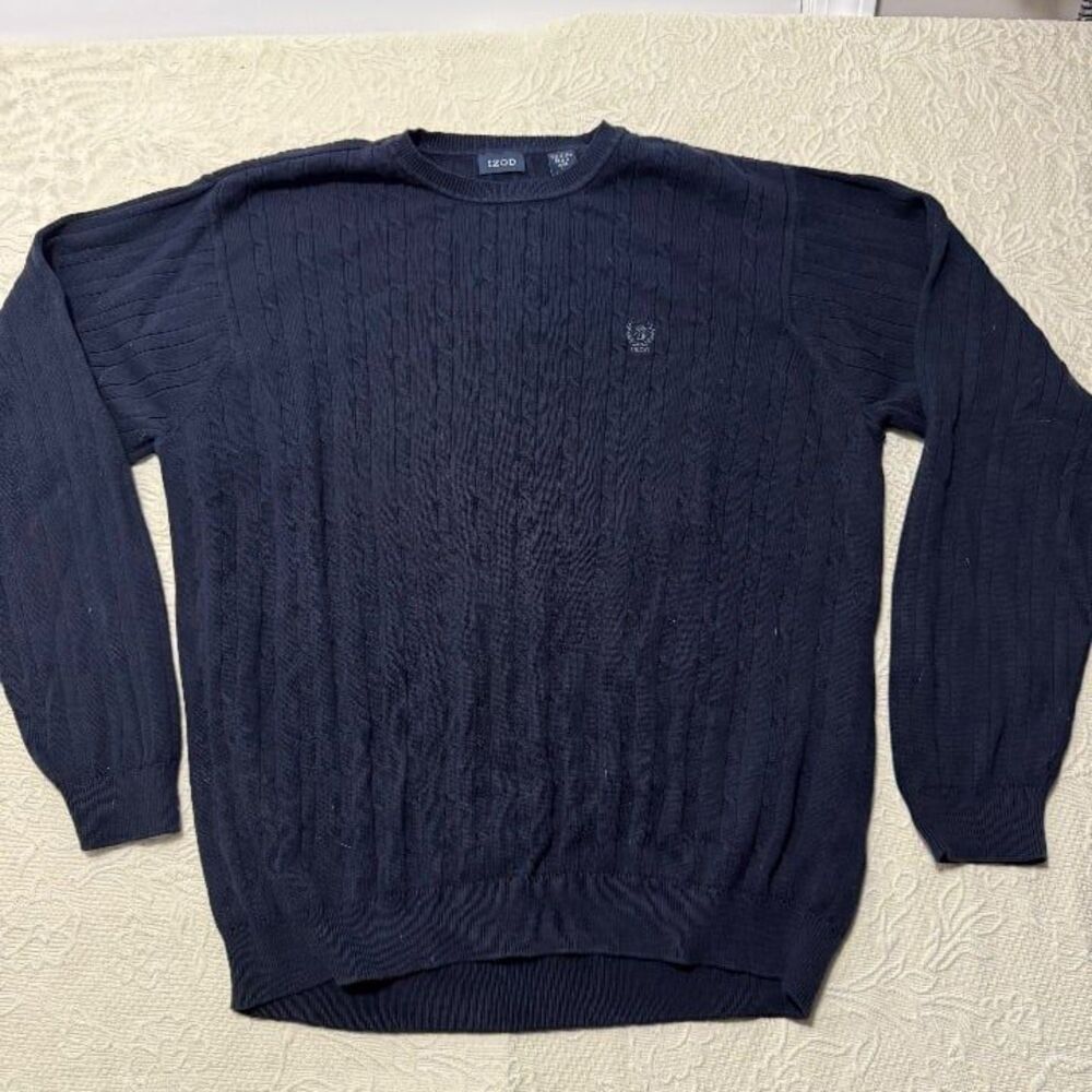 IZOD Navy Blue Cable Knit Crewneck Sweater Embroidered Logo size L